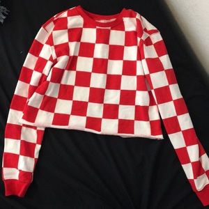 checkered red and white crop hoodie